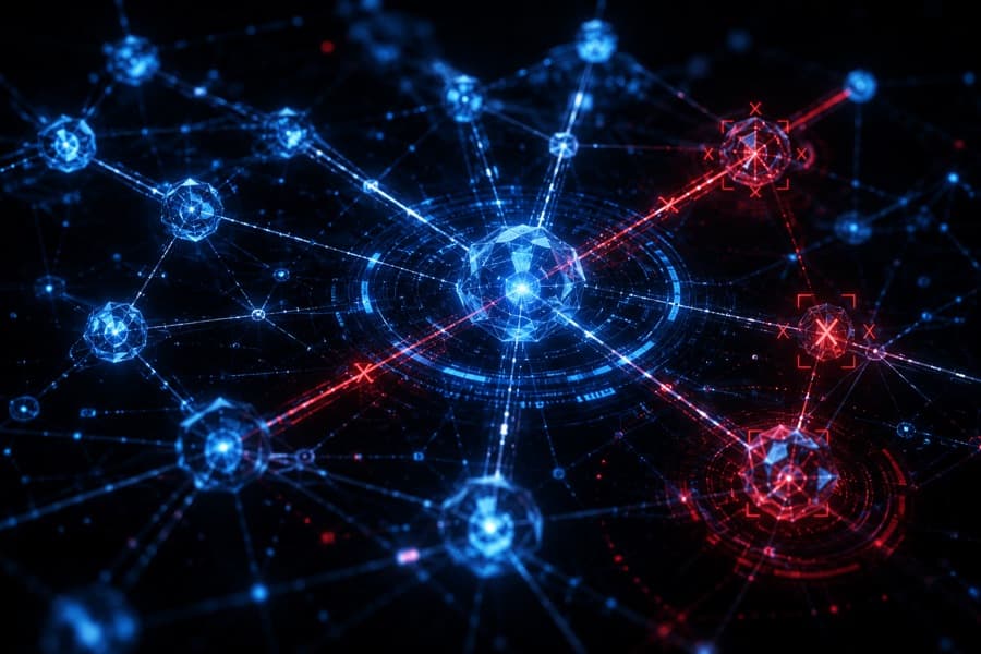 Network graph of blue nodes with banned nodes flagged by red X target markers