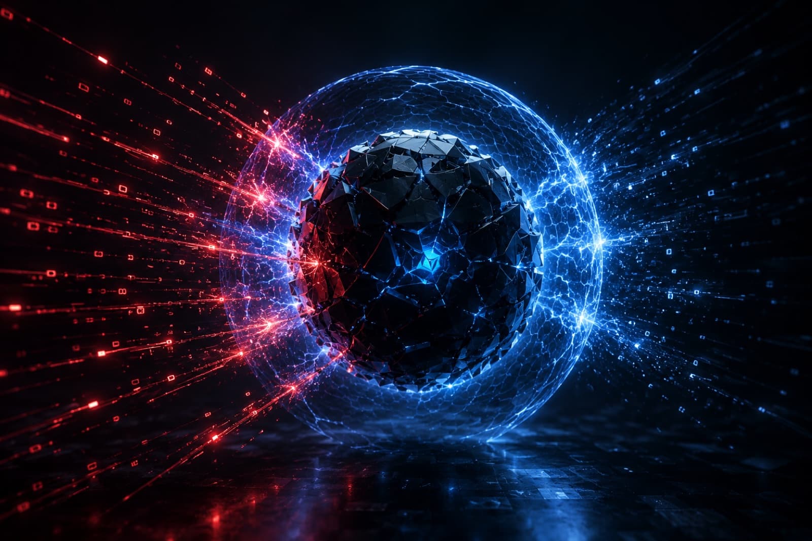 Dark polyhedron core holding inside a blue energy shield while red intrusion streams break against it