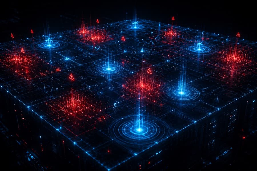 Surveillance grid with blue scan beacons and red alert spikes marking anomalies