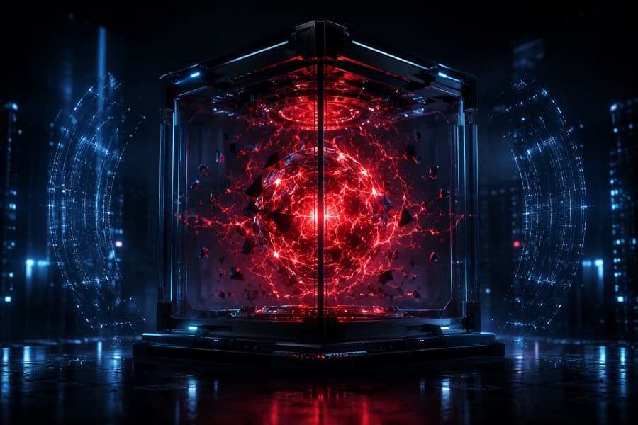 Red threat core contained inside a sealed glass cube in a dark server hall