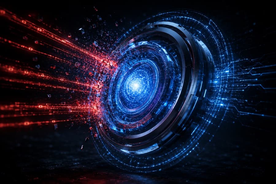 Blue circular gateway core deflecting a stream of red shattered fragments