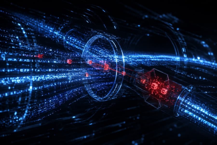 Red malicious data cubes filtered out of a blue data stream by a validation ring